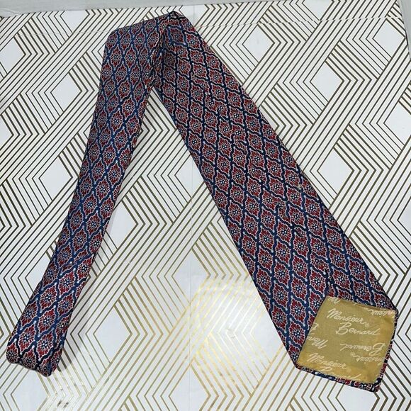 VTG Monsieur Bernard Mens Intricate Diamond Pattern Neck Tie Red Blue Floral‎ - Picture 2 of 4